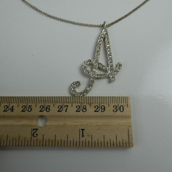 A Letter Alphabet Rhinestone Cursive Initial Name Silver Tone Pendant Necklace - Picture 4 of 9